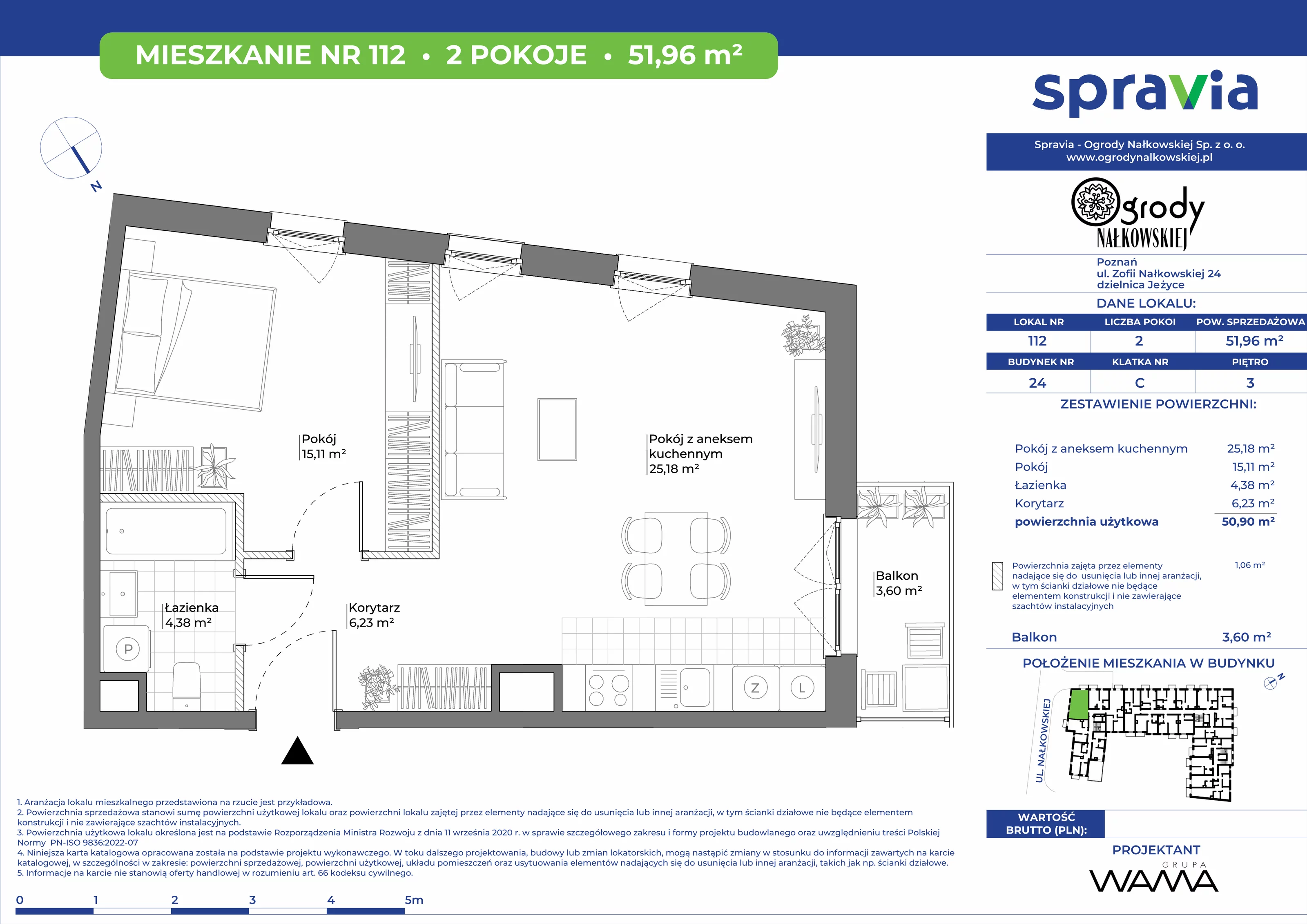 2 pokoje, mieszkanie 51,96 m², piętro 3, oferta nr 24-112, Ogrody Nałkowskiej, Poznań, Ogrody, ul. Nałkowskiej 24, 26